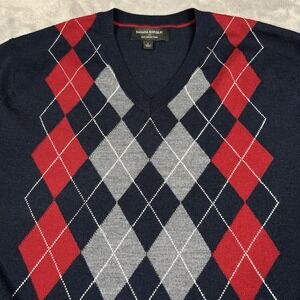 Banana Republic Sweater Mens Large Merino Wool Golf  V-Neck Argyle Blue Red
